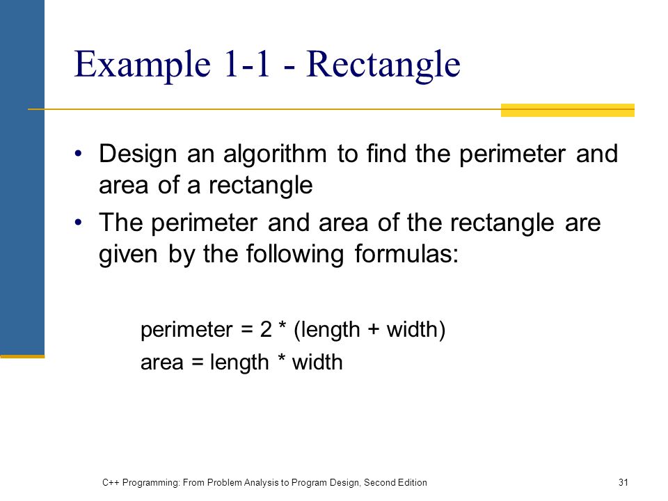 Example Rectangle Design an algorithm to find the perimeter and area of a rectangle.