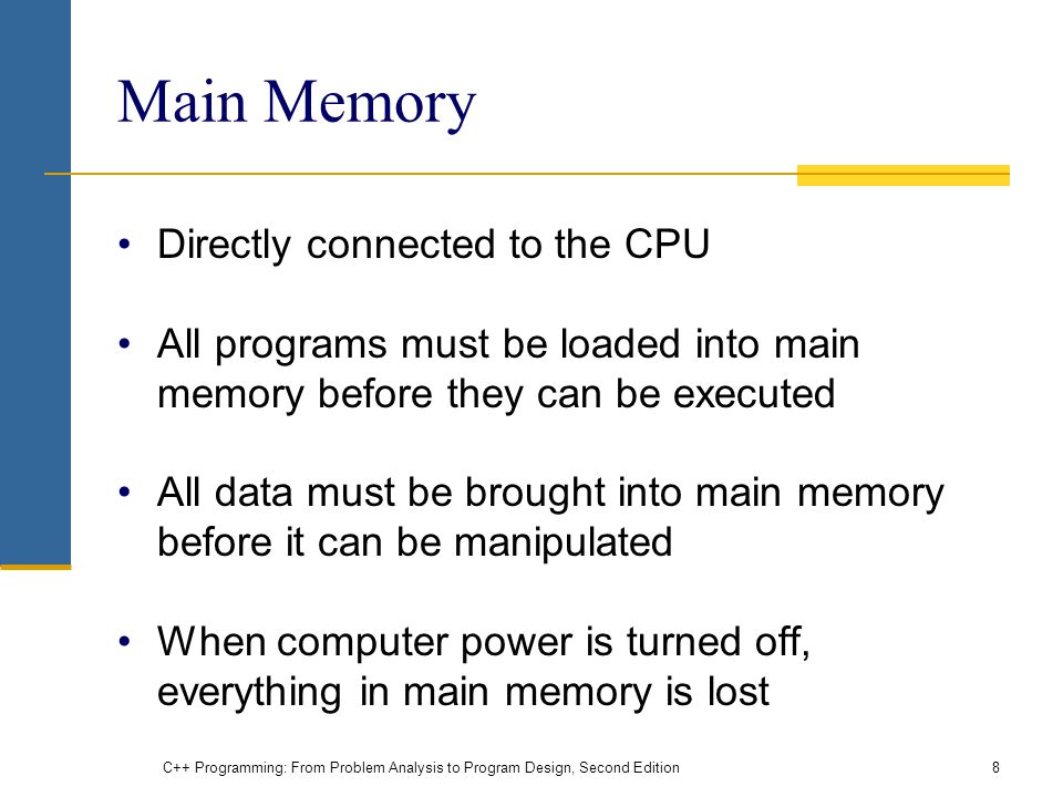 Main Memory Directly connected to the CPU