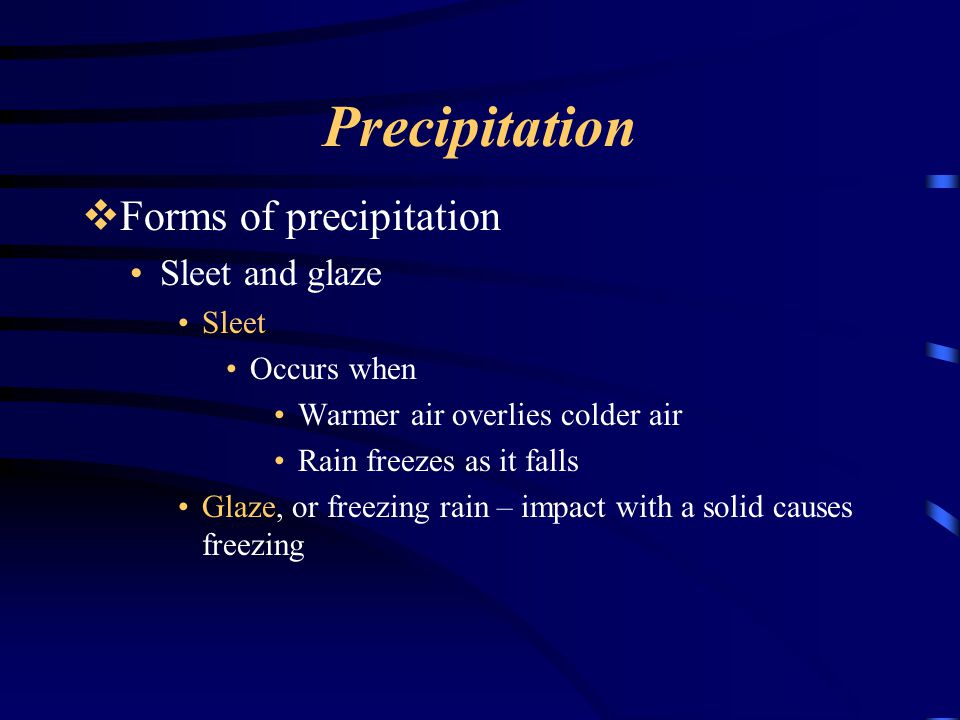 Precipitation Forms of precipitation Sleet and glaze Sleet Occurs when