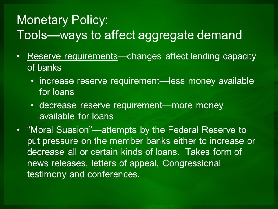 Monetary Policy: Tools—ways to affect aggregate demand