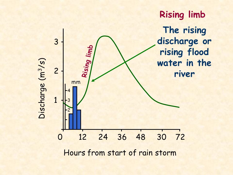 The rising discharge or rising flood water in the river