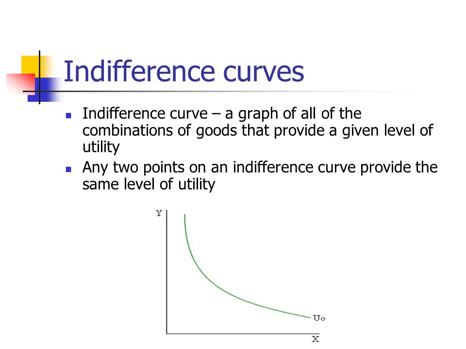 Indifference curves Indifference curve – a graph of all of the combinations of goods that provide a given level of utility.