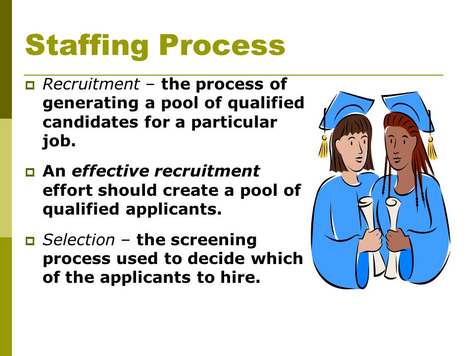 Staffing Process Recruitment – the process of generating a pool of qualified candidates for a particular job.