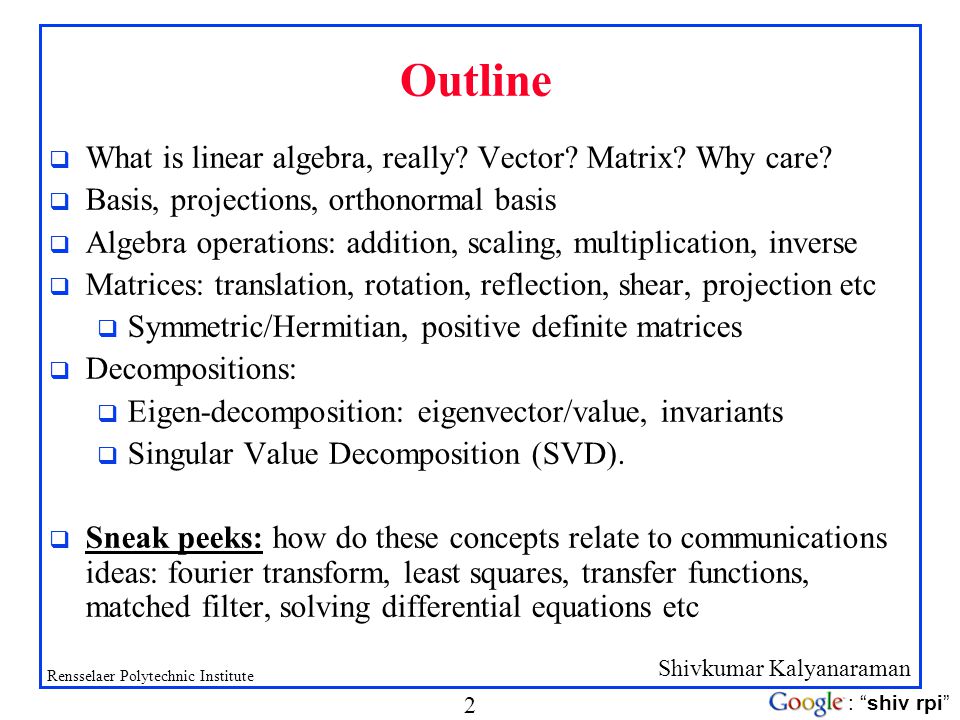 Linear Algebra For Communications A Gentle Introduction Ppt