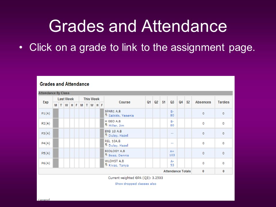 Grades and Attendance Click on a grade to link to the assignment page.