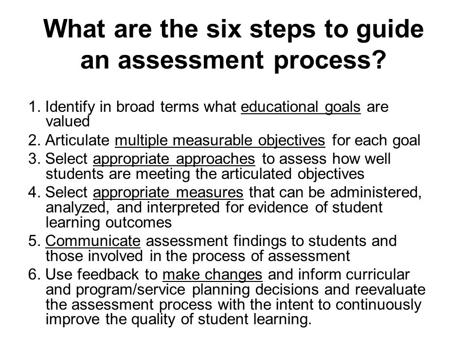 What are the six steps to guide an assessment process