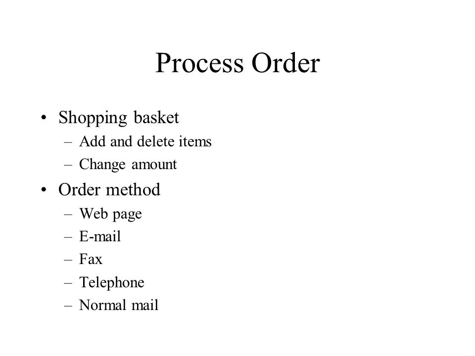 Process Order Shopping basket Order method Add and delete items