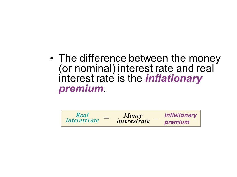The difference between the money (or nominal) interest rate and real interest rate is the inflationary premium.