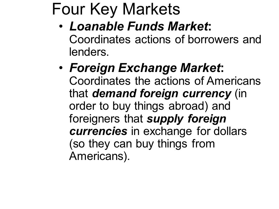 Four Key Markets Loanable Funds Market: Coordinates actions of borrowers and lenders.