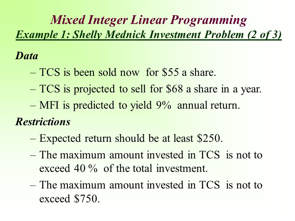 Mixed Integer Linear Programming Example 1: Shelly Mednick Investment Problem (2 of 3)