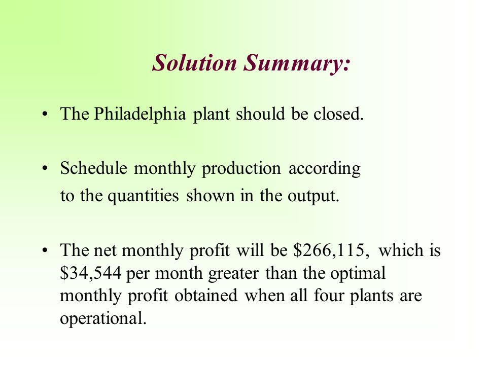 Solution Summary: The Philadelphia plant should be closed.
