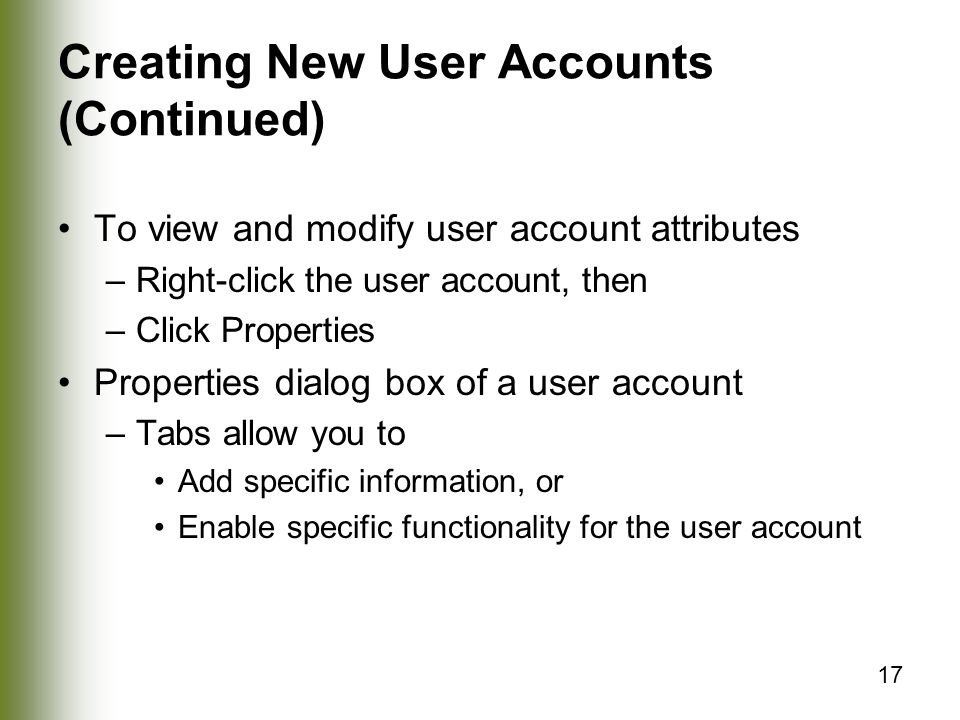 Creating New User Accounts (Continued)