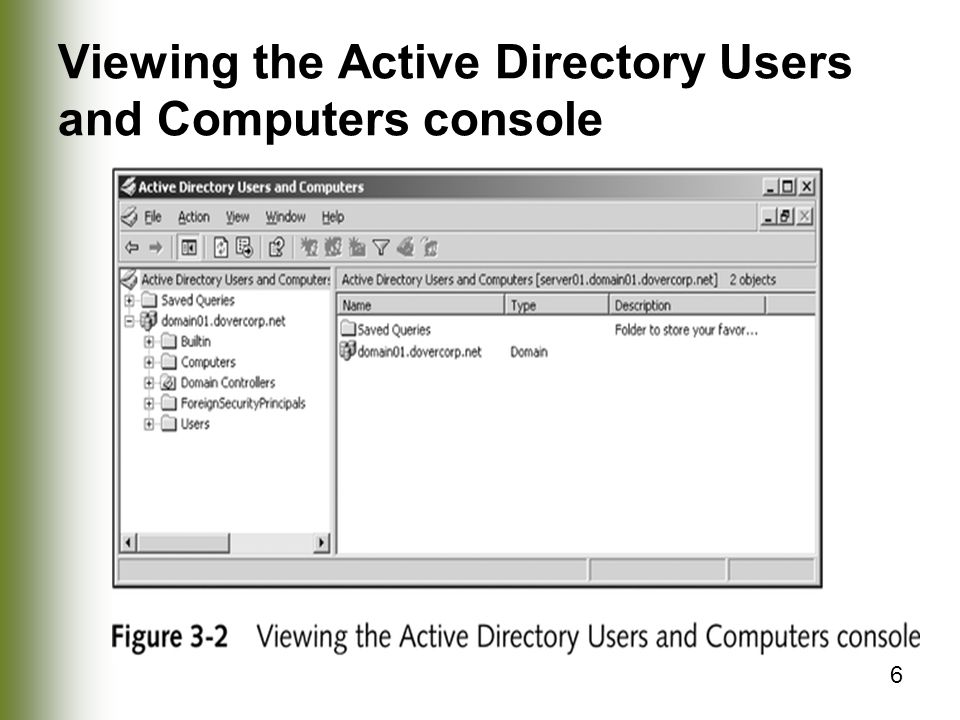 Viewing the Active Directory Users and Computers console