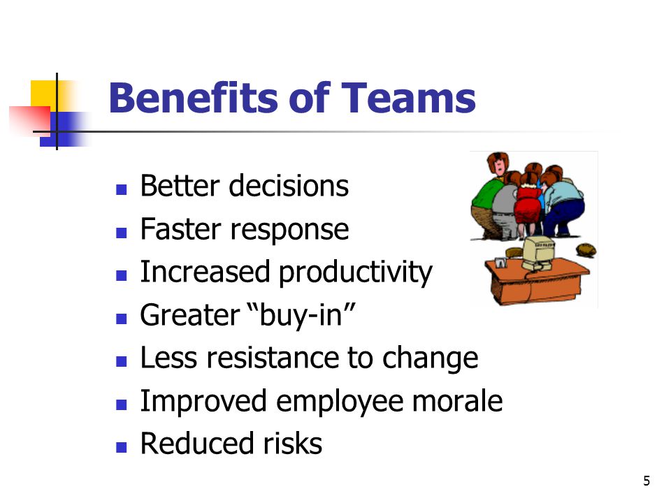 Benefits of Teams Better decisions Faster response