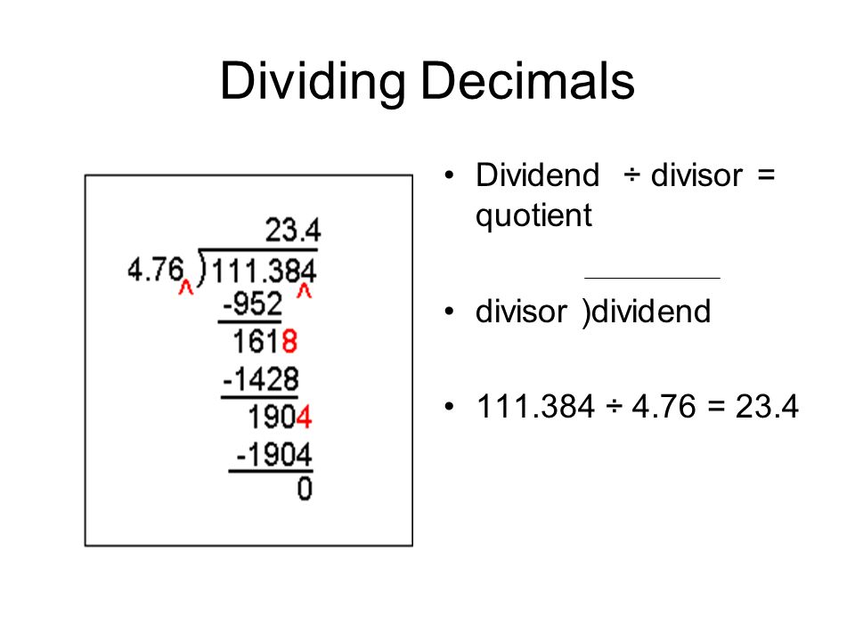 Dividing Decimals Dividend ÷ divisor = quotient divisor )dividend