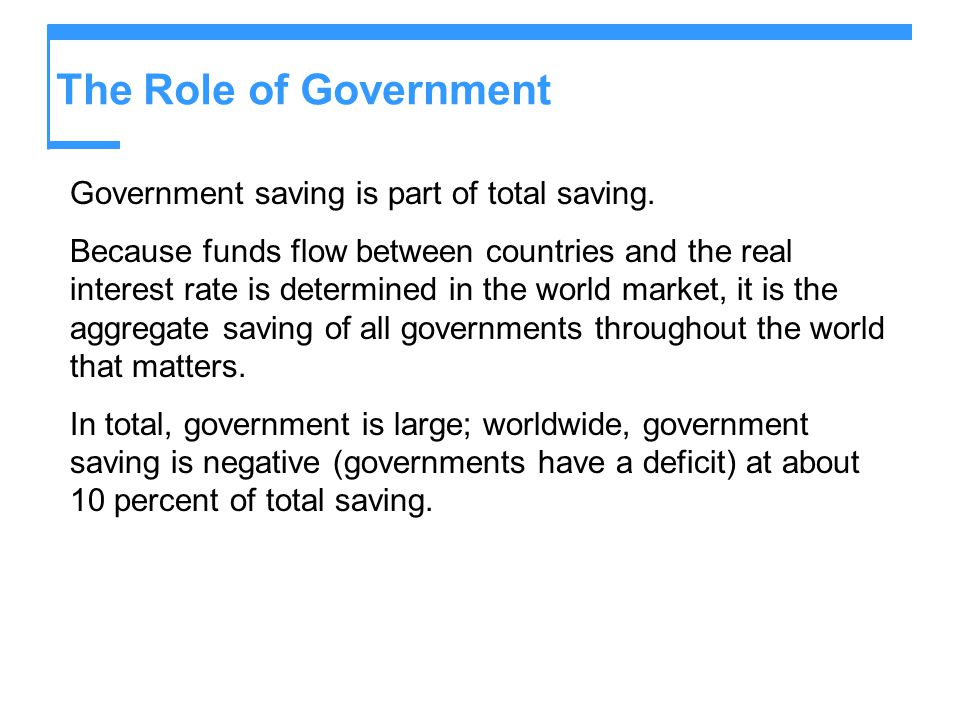 The Role of Government Government saving is part of total saving.