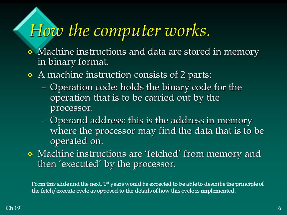 How the computer works. Machine instructions and data are stored in memory in binary format. A machine instruction consists of 2 parts: