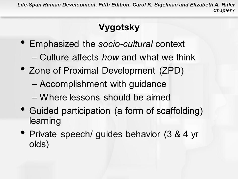 Vygotsky Emphasized the socio-cultural context. Culture affects how and what we think. Zone of Proximal Development (ZPD)