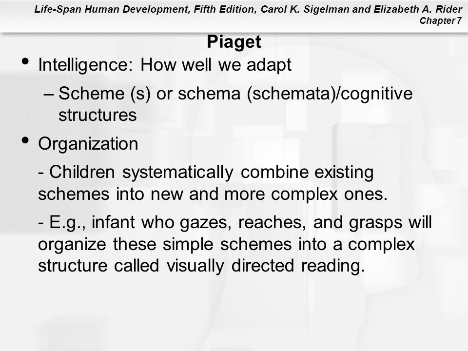 Piaget Intelligence: How well we adapt. Scheme (s) or schema (schemata)/cognitive structures. Organization.
