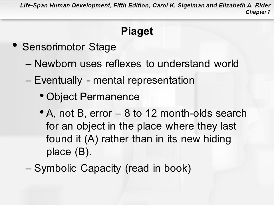 Piaget Sensorimotor Stage. Newborn uses reflexes to understand world. Eventually - mental representation.