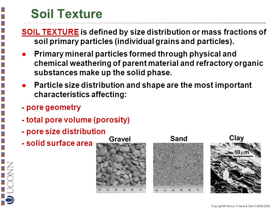 Soil Texture SOIL TEXTURE is defined by size distribution or mass fractions of soil primary particles (individual grains and particles).
