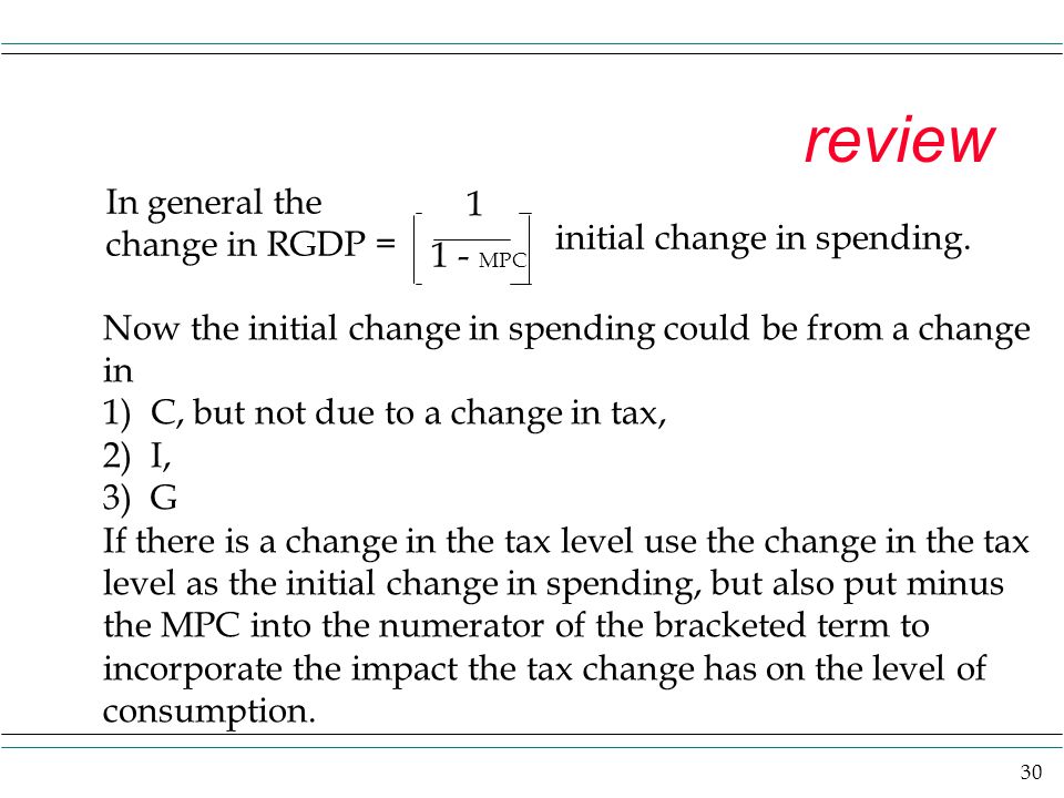 review In general the 1 change in RGDP = initial change in spending.