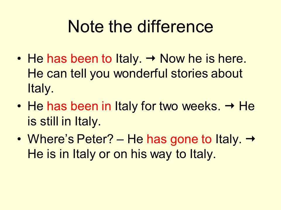 Note the difference He has been to Italy.  Now he is here. He can tell you wonderful stories about Italy.