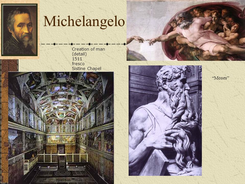 Michelangelo Creation of man (detail) 1511 fresco Sistine Chapel. Moses