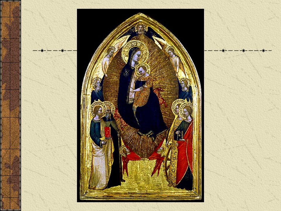 The central figures of the Madonna and child in this painting from the late Middle Ages are much larger than the four saints who stand below the Madonna or the angels gathered around the upper edges of the painting.