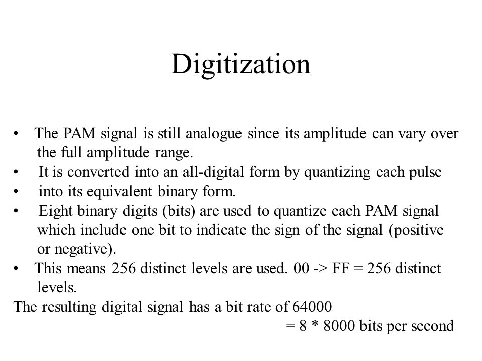 Digitization The PAM signal is still analogue since its amplitude can vary over. the full amplitude range.