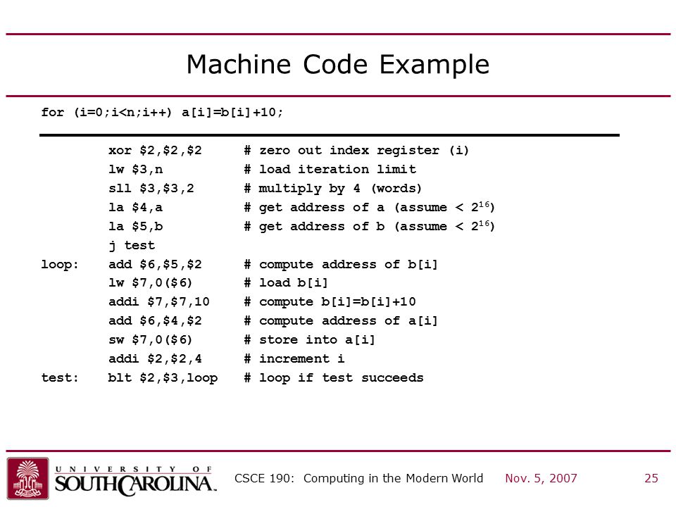 Machine Code Example for (i=0;i<n;i++) a[i]=b[i]+10;