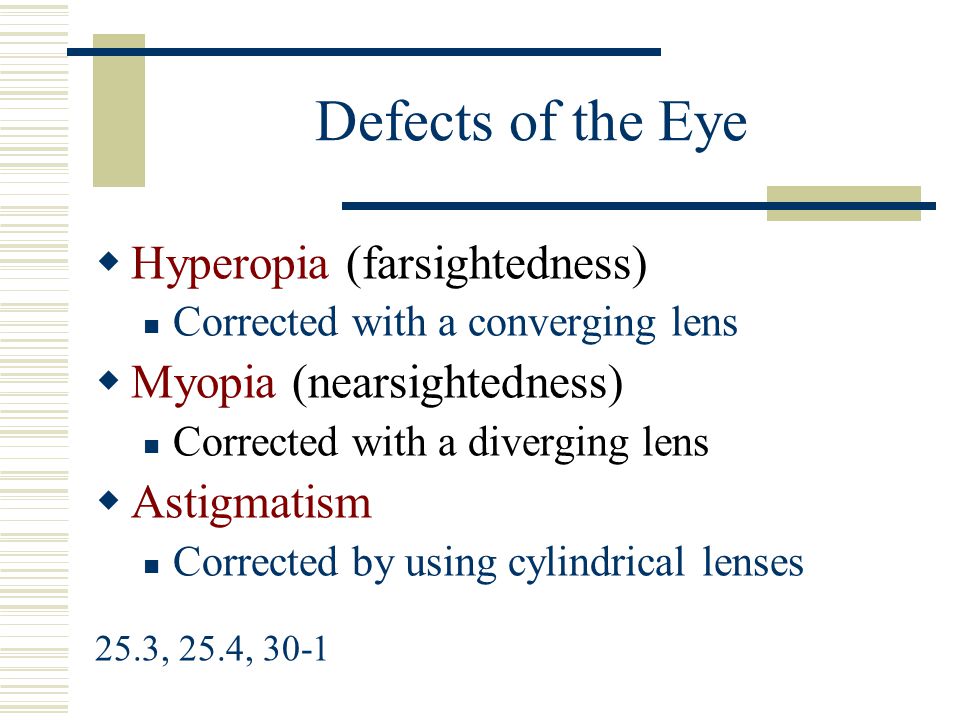 Defects of the Eye Hyperopia (farsightedness) Myopia (nearsightedness)
