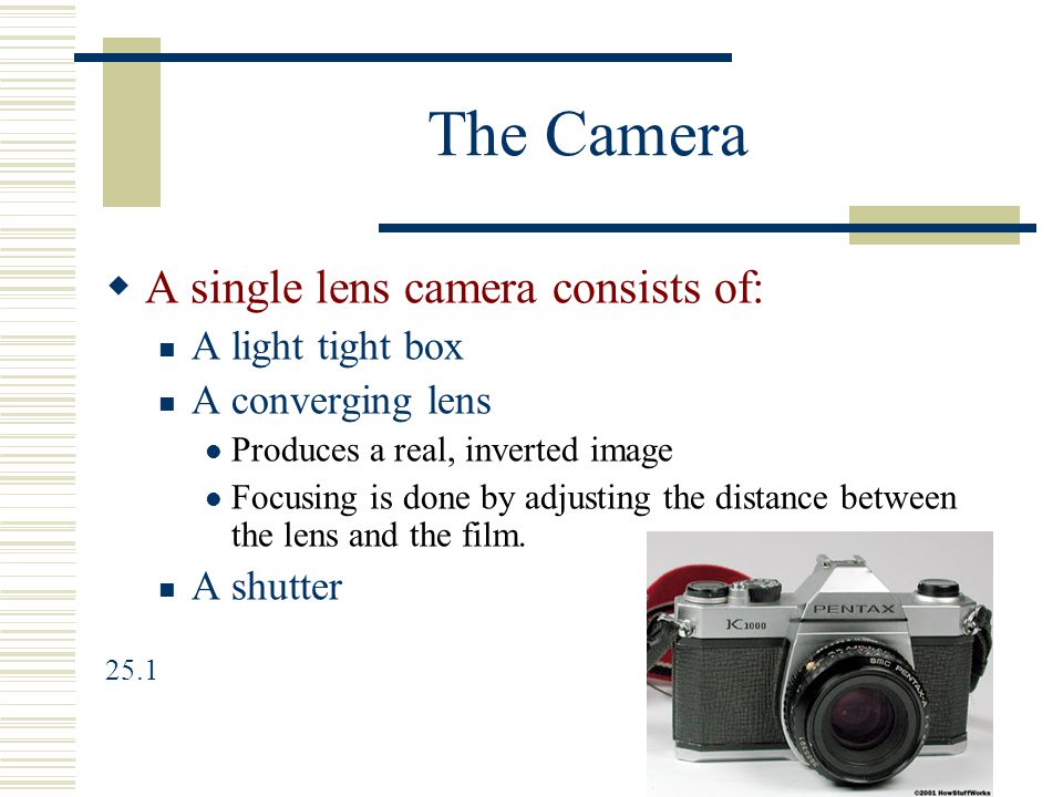 The Camera A single lens camera consists of: A light tight box