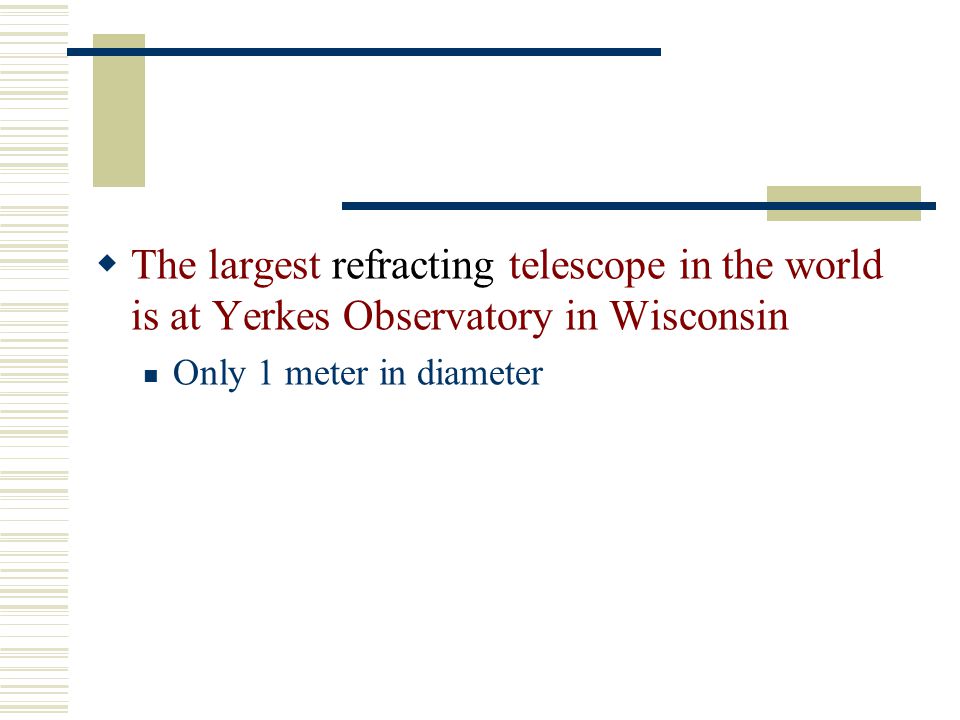 The largest refracting telescope in the world is at Yerkes Observatory in Wisconsin
