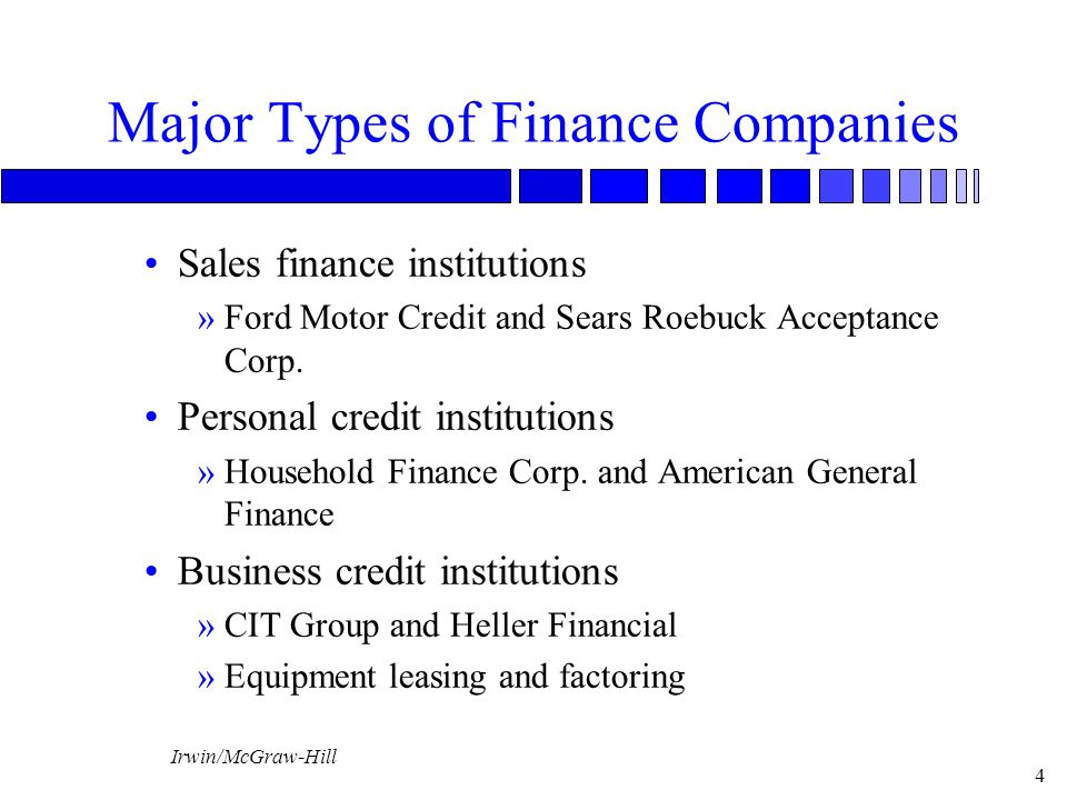 Major Types of Finance Companies