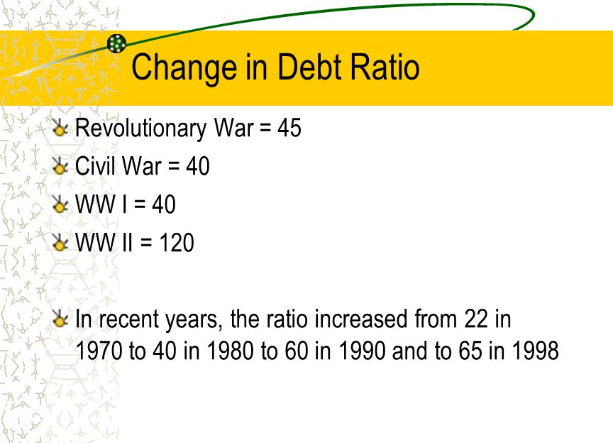 Change in Debt Ratio Revolutionary War = 45 Civil War = 40 WW I = 40