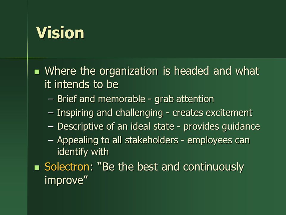 Vision Where the organization is headed and what it intends to be