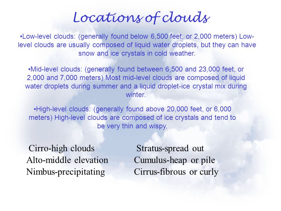 Locations of clouds Cirro-high clouds Stratus-spread out