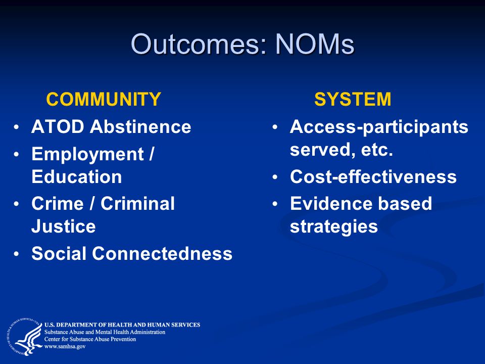 Outcomes: NOMs COMMUNITY ATOD Abstinence Employment / Education