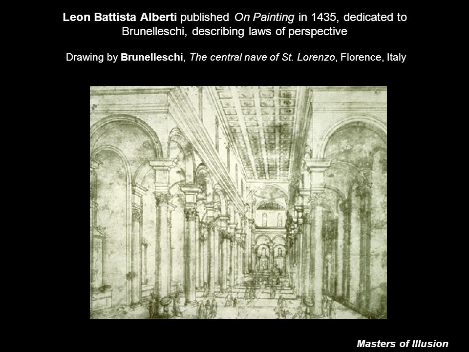 Leon Battista Alberti published On Painting in 1435, dedicated to Brunelleschi, describing laws of perspective Drawing by Brunelleschi, The central nave of St. Lorenzo, Florence, Italy