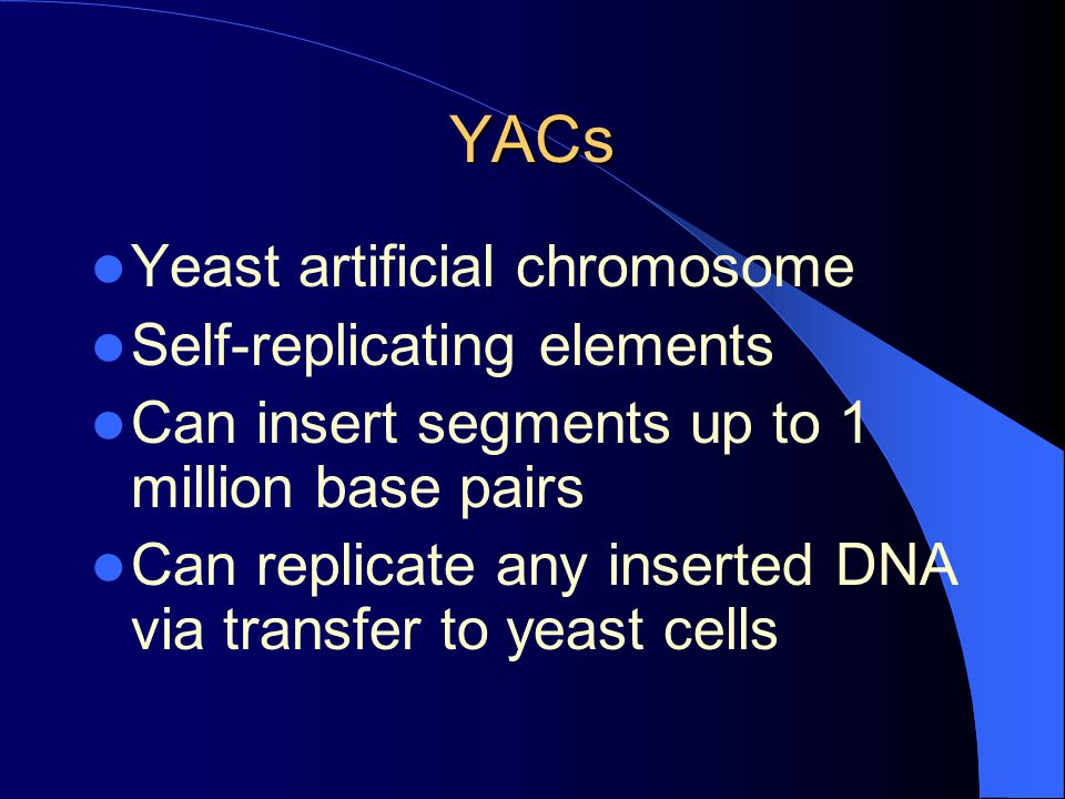 YACs Yeast artificial chromosome Self-replicating elements