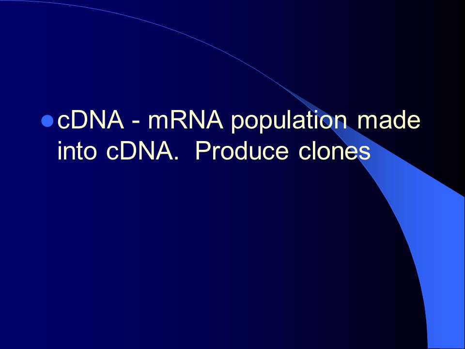cDNA - mRNA population made into cDNA. Produce clones
