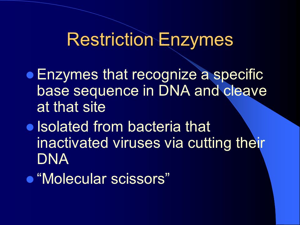 Restriction Enzymes Enzymes that recognize a specific base sequence in DNA and cleave at that site.