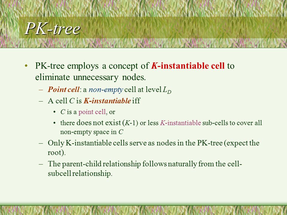 PK-tree PK-tree employs a concept of K-instantiable cell to eliminate unnecessary nodes. Point cell: a non-empty cell at level LD.