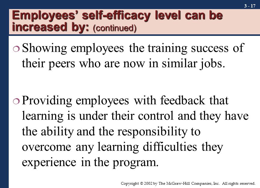 Employees’ self-efficacy level can be increased by: (continued)