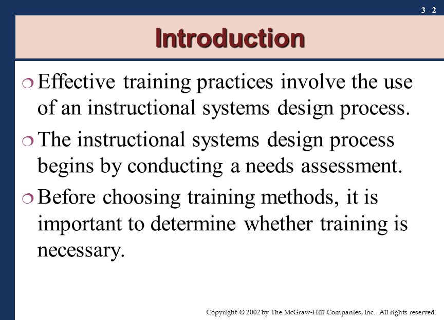 Introduction Effective training practices involve the use of an instructional systems design process.