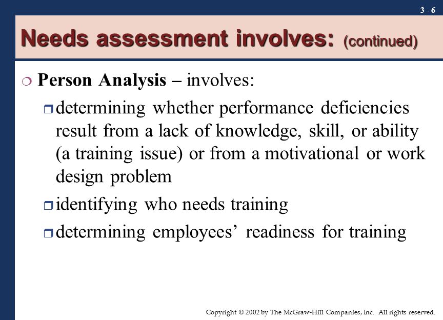 Needs assessment involves: (continued)