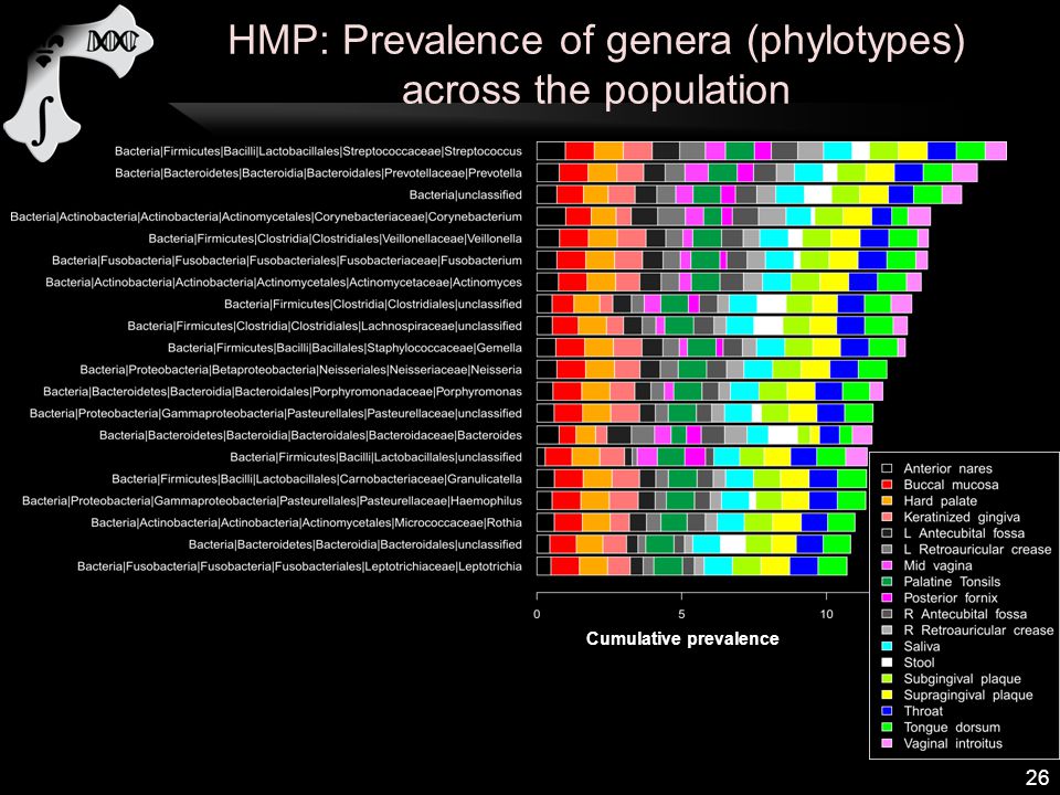 HMP: Prevalence of genera (phylotypes) across the population