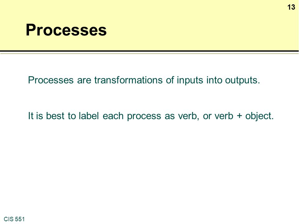 Processes Processes are transformations of inputs into outputs.