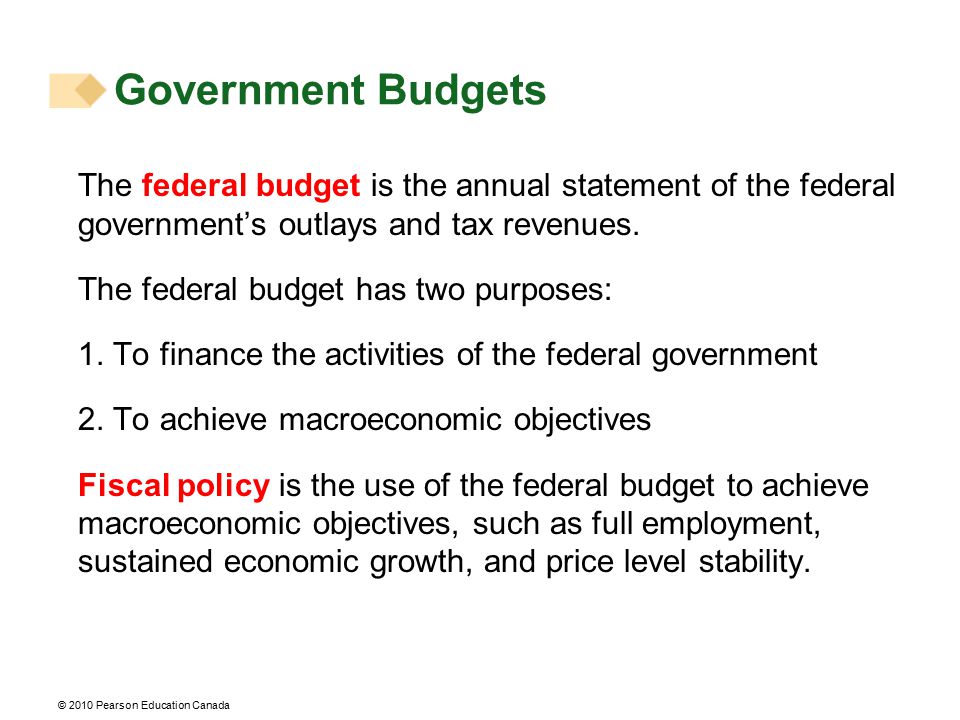 Government Budgets The federal budget is the annual statement of the federal government’s outlays and tax revenues.